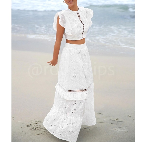 White Eyelet Embroidery 2 Piece Set Crop Top and Long Skirt - Picture 2 of 10